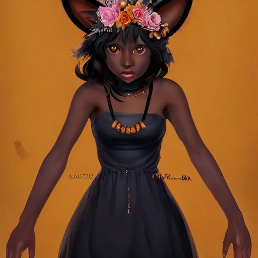 Prompt: a stunning portrait of a black - skinned witch with cat ears wearing an ornate flower dress, beautiful flower dress, by makoto shinkai, wlop, mars ravelo, summer vibes, very coherent symmetrical artwork, perfect face, studio lighting, smooth, sharp focus, 4 k, masterpiece, trending on artstation