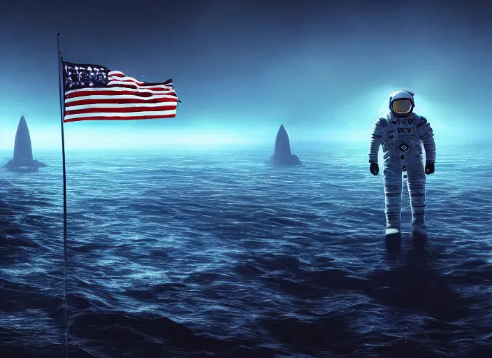 Image similar to astronaut holding a flag in an underwater desert. a submarine is visible in the distance. dark, concept art, cinematic, dramatic, atmospheric, 8 k, trending on artstation, blue, fish, low visibility, fog, ocean floor, christopher nolan, interstellar