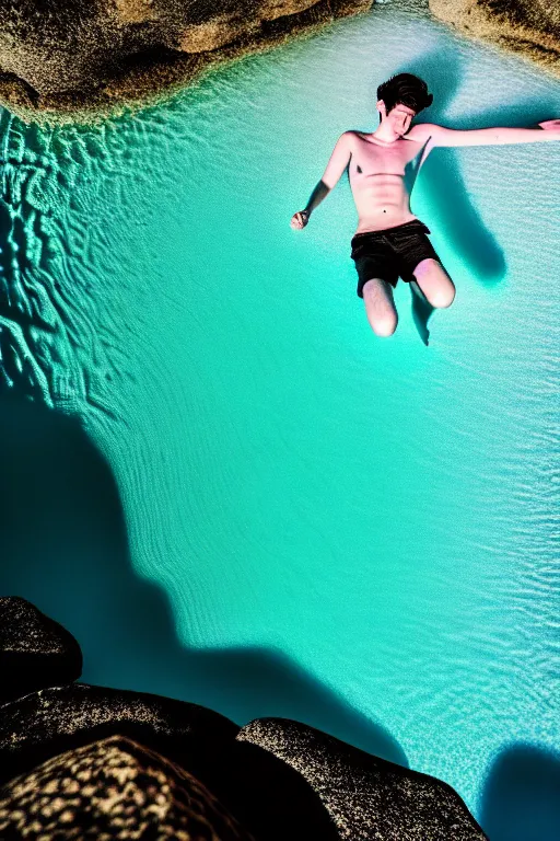 Image similar to high quality pastel coloured film mid angle docu photograph of a beautiful young 2 0 year old male, soft features, short black hair, falling, jumping in an icelandic black rock pool environment. atmospheric. three point light. photographic. art directed. ( pastel colours ). volumetric light. clearcoat. waves glitch. 8 k. filmic.