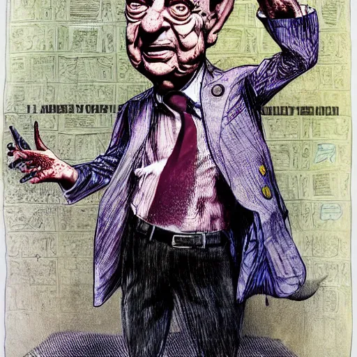 Image similar to George Soros full body shot, dollar bills Body horror, biopunk, by Ralph Steadman, Francis Bacon, Hunter S Thompson