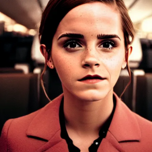 Image similar to emma watson, inside airplane, film still, fujifilm reala