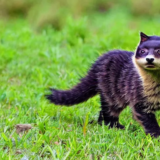 Image similar to a honeybadger - cat - hybrid with a beak, animal photography, wildlife photo