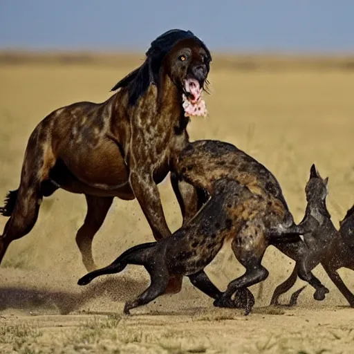 Image similar to National Geographic photo of horse full of octopus being eaten by African hunting dogs