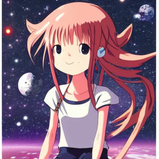 Image similar to a beautiful anime gamer girl sitting in space, studio ghibli, detailed,