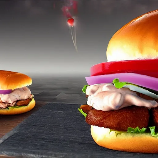 Prompt: floating chicken sandwich on a plate, photo realistic, explosion and flying pigs in the background, amazing detail