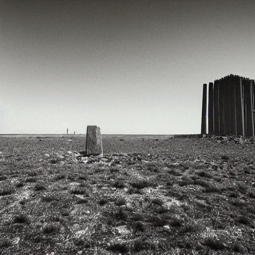 Image similar to radioactive spike field, monolithic granite spikes, one lone person standing in front of the spikes, creepy monotone black and white lighting, post nuclear fallout, desolate, no life, high resolution, old photo,