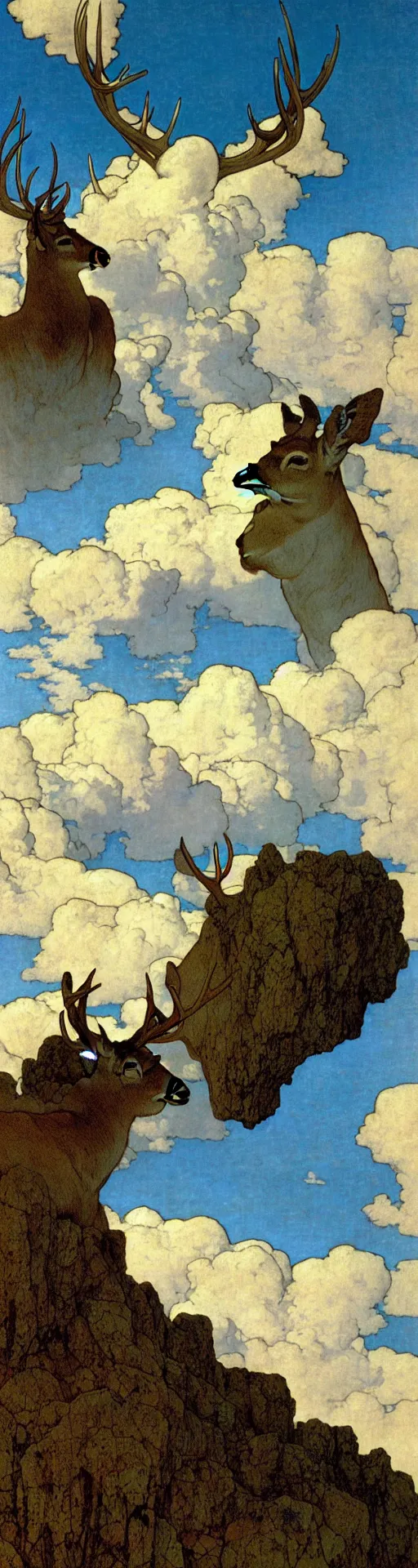 Prompt: a gigantic four thousand meter tall deer stands head above cumulus clouds, mountain, in a valley a stone age village with tiny tents by mucha and charles vess