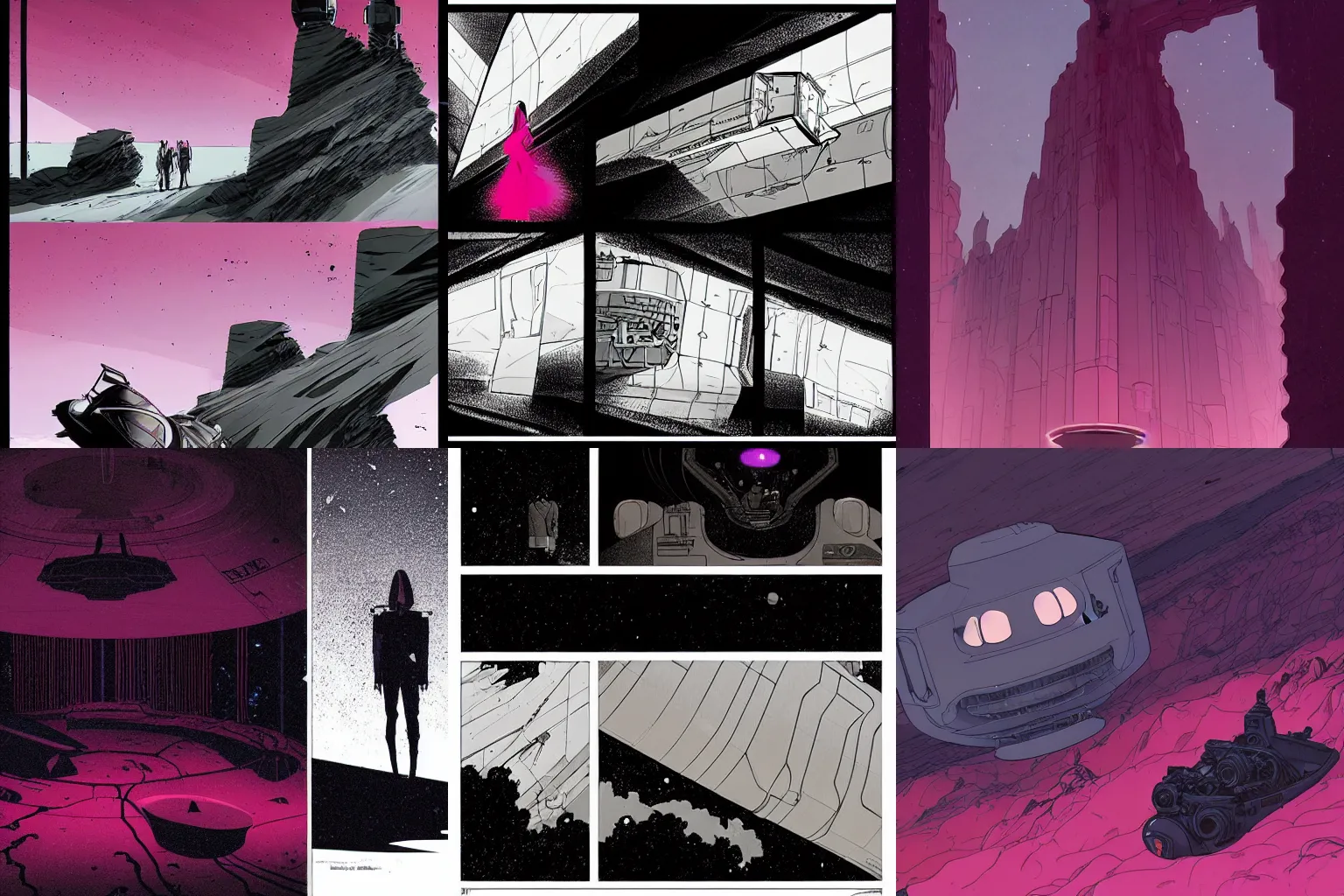 Prompt: A spacecraft with a luminescent exterior and an interior that is pitch black, giving it a ominous appearance by Tomer Hanuka and Abigail Larson, style of brutalism, fuchsia, pyroclastic flow