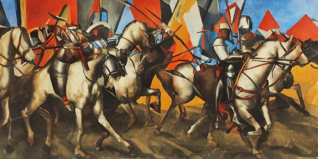 Image similar to italian futurism styled painting of a medieval knight cavalry charge