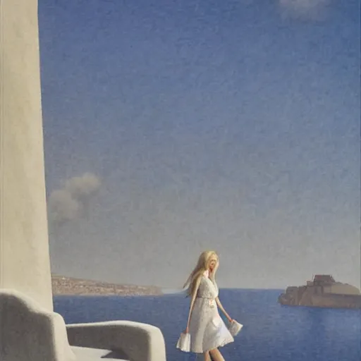 Prompt: Elle Fanning waking through Santorini, ocean, head and shoulders, extremely detailed masterpiece, illustration, by Michael Sowa,