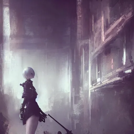 Image similar to 2 b nier automata. atmospheric lighting. detailed matte portrait painting by greg rutkowski.