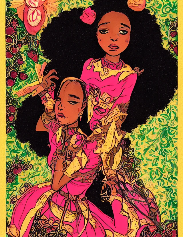 Prompt: black - skinned princess of the strawberry cream valley. this heavily stylized gouache and gold leaf work by an indie comic artist has interesting color contrasts, plenty of details and impeccable lighting.