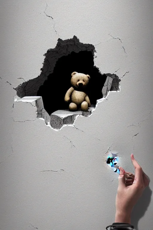 Image similar to giant crack hole on the white concrete wall, handcoming from inside the crack reaching towards camera. hand is holding a teddybear gloomy, intricate, elegant, highly detailed, digital painting, artstation, concept art, addiction, chains, smooth, sharp focus, illustration, art by ilja repin