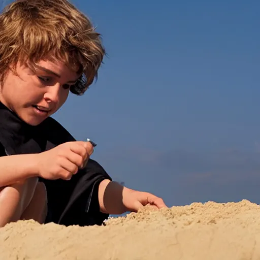 Prompt: Picture of Anakin Skywalker building a sand castle on Tatooine