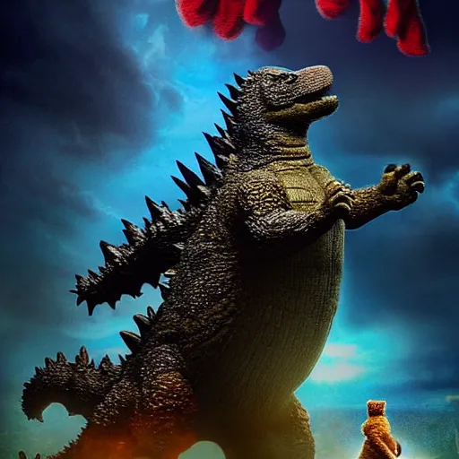 Image similar to godzilla with the head of winnie the pooh as a gigantic muppet, cinematic composition, epic dramatic lighting, realistic, hyperdetailed, photorealistic, photograph, epic scale by gaston bussiere