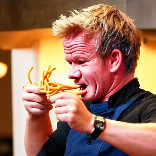 Image similar to <photo hd>Gordon Ramsey yells while eating spaghetti with his hands</photo>