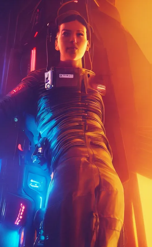 Image similar to professional photo of astronaut from front standing very close to camera from low angle shot, cyberpunk, synthwave, blade runner, hyperrealistic masterpiece, trending on artstation, cgsociety, kodakchrome, golden ratio, cinematic, composition, beautiful lighting, hyper detailed, sharp focus, octane render, 4 k, unreal engine