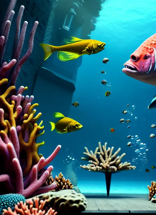 Image similar to hyperrealism, detailed textures, photorealistic 3 d render, an underwater scene with brightly coloured fish smoking cigars, brightly coloured coral, ultra realistic, ultra high pixel detail, cinematic, intricate, cinematic light, octane render, concept art, illustration, captured on canon eos r 6, art station, unreal engine 8 k