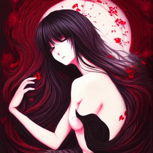 Prompt: beautiful seductive female spirit, sleeping, highly detailed, painting, dark red and black color palette, intricate, high quality anime artstyle, in the style of sana takeda