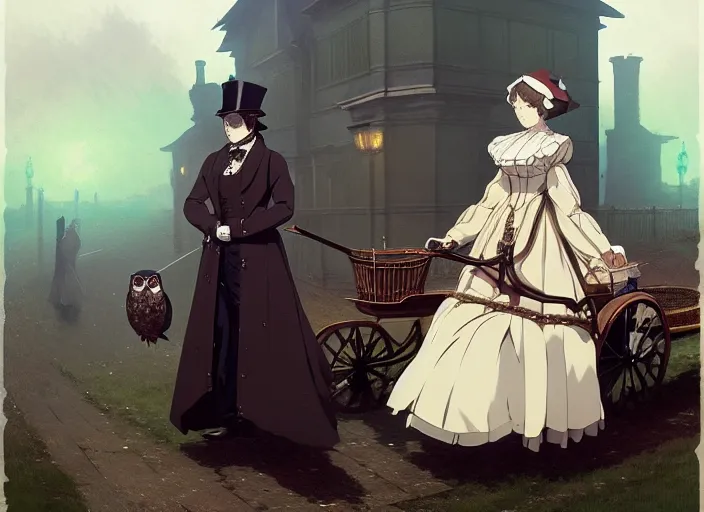 Prompt: victorian britain 1 8 3 5, florence nightingale travelling in a carriage with her pet owl in the pocket of her apron gapmoe yandere grimdark, trending on pixiv fanbox, painted by greg rutkowski makoto shinkai takashi takeuchi studio ghibli