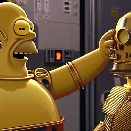 Image similar to Homer Simpson as a fat C3PO, cinematic 4k