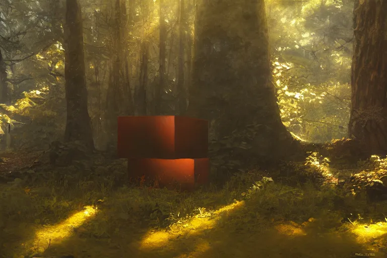 Prompt: An oil painting of a cube in a forest by Craig Mullins, dramatic lighting, realistic shadows, establishing shot, extremely high detail, artstation