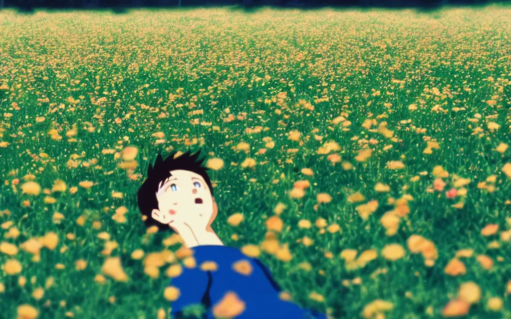 Prompt: a manchester united fan day dreaming on a field of flower, beautiful bright blue sky. 35mm film. makoto shinkai.