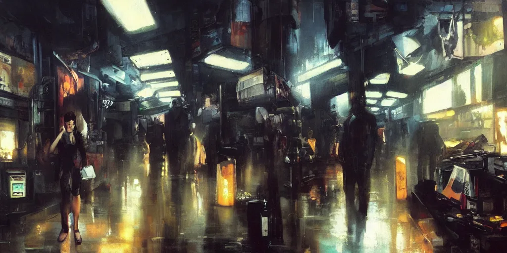 Image similar to underground flea market by phil hale, artstation contest winner. blade runner, dark and moody. detailed paint, photorealistic