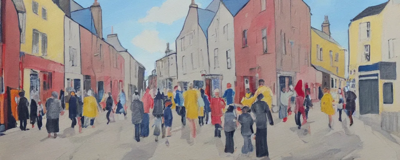 Prompt: a painting of street life in kirkwall orkney, Child's drawing