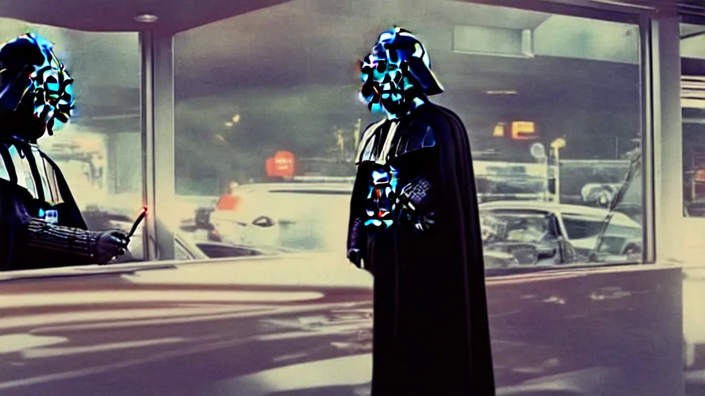 Image similar to Darth Vader at Mcdonalds Drive through, film still from the movie directed by Denis Villeneuve with art direction by Salvador Dalí, wide lens