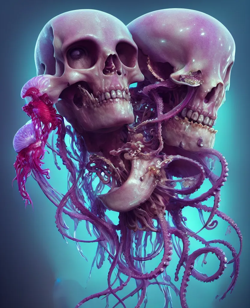 Image similar to goddess close - up portrait human skeleton, ram skull, squid phoenix jellyfish, orchid, betta fish, bioluminiscent, intricate artwork by tooth wu and wlop and beeple. octane render, trending on artstation, greg rutkowski very coherent symmetrical artwork. cinematic, hyper realism, high detail, octane render, 8 k