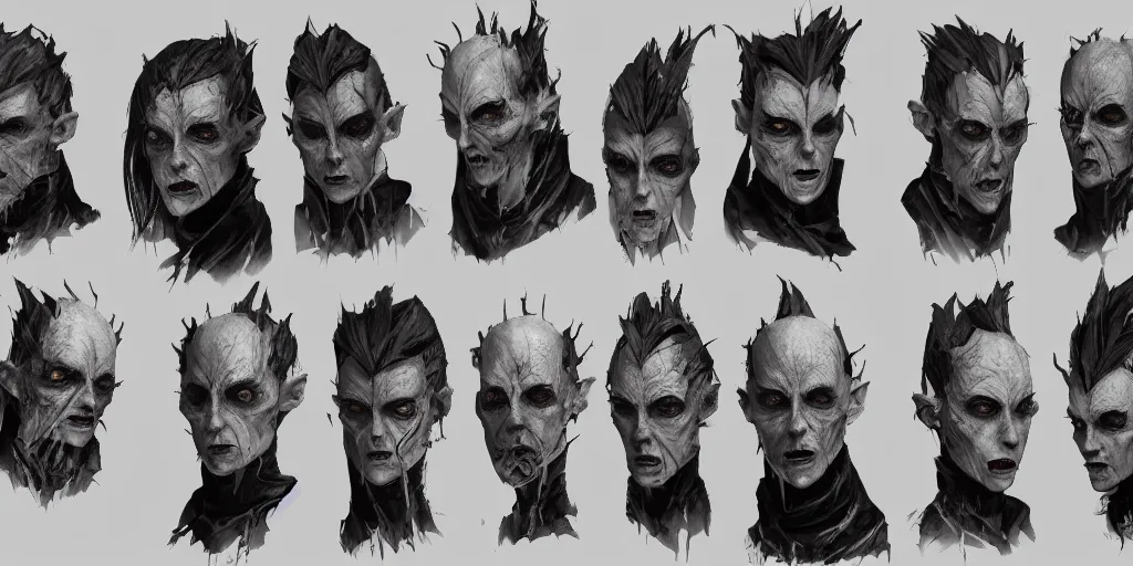 Prompt: gothic character face detail designs, Enki Bilal, Greg Rutkowski, character sheet, Darek Zabrocki, Karlkka, Jayison Devadas, Phuoc Quan, trending on Artstation, 8K, ultra wide angle, pincushion lens effect