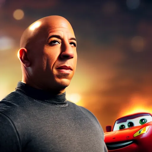 Image similar to vin diesel riding on top on a roof of lightning mcqueen, cinematic, bokeh, blur, action
