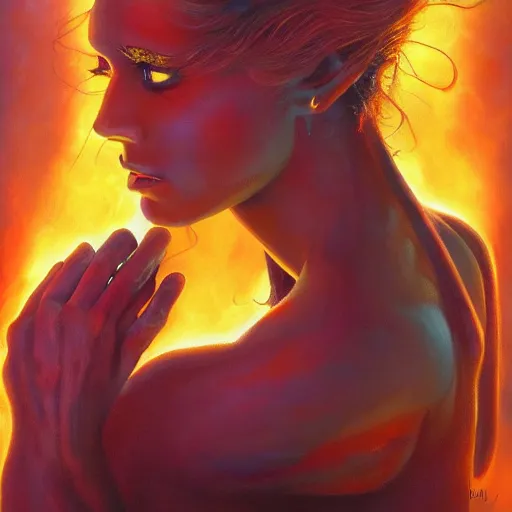 Image similar to A beautiful painting of a goddess with flames as her body by Jim Burns, 8K, ultra-detailed , Trending on artstation.