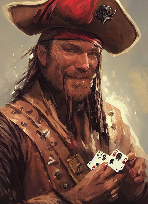 Image similar to a portrait of a pirate playing cards by Craig Mullins