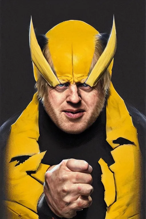 Image similar to Boris Johnson as movie Wolverine, claws are up, yellow X-man costume, Boris Johnson hairstyle, calm, grumpy, portrait, masculine figure, highly detailed, digital painting, artstation, concept art, smooth, sharp focus, illustration, cinematic lighting, art by artgerm and greg rutkowski and alphonse mucha