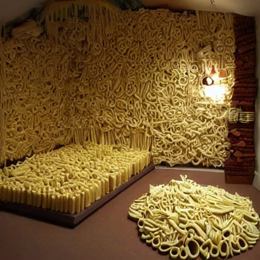 Prompt: a room made entirely of pasta, very detailed