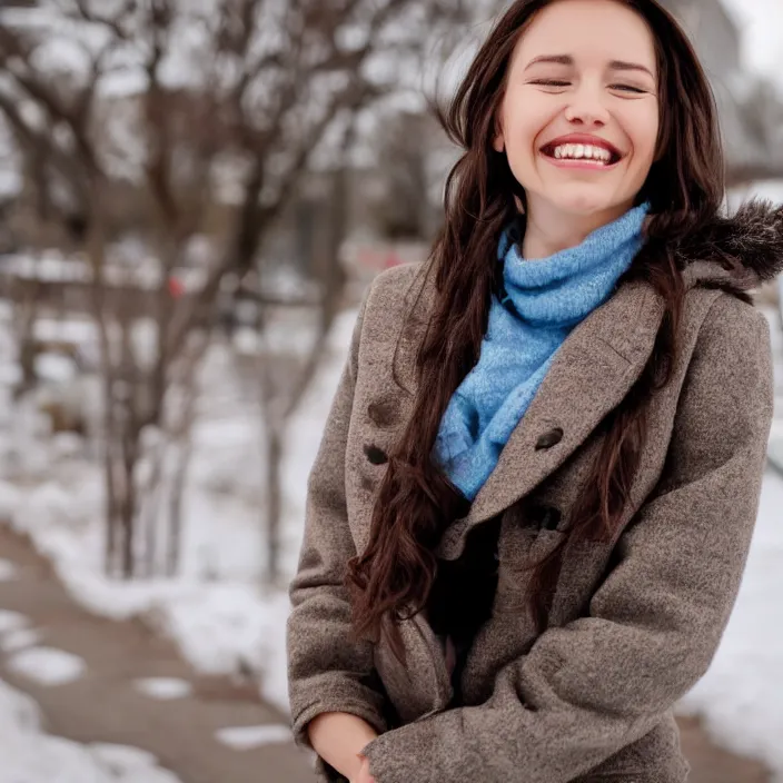 Prompt: a beautiful girl from minnesota, brunette, joyfully smiling at the camera with her eyes closed. thinner face, irish genes, wearing university of minneapolis coat, perfect nose, morning hour, plane light, portrait, minneapolis as background.