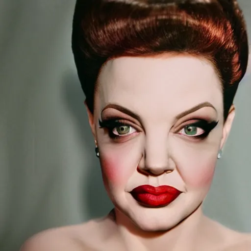 Prompt: a photographic portrait of a hybrid of judy garland and lisa minelli and angelina jolie, close up