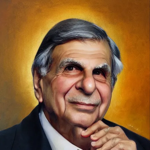 Prompt: an award winning portrait of Ratan Tata by Mark Arian, oil on canvas, masterpiece, realism, piercing gaze, autumn bokeh