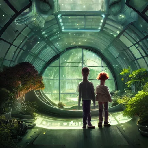 Prompt: , boy and grandma in sci - fi green house, spaceship, plants, stephen bliss, misty, unreal engine, pixar, fantasy art by greg rutkowski, loish, ferdinand knab, and lois van rossdraws, global illumination, radiant light, minimalist, detailed and intricate environment