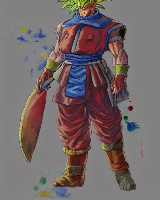 Image similar to a oil / watercolor painting full body character portrait of an old saiyan soldier / knight in the style of moebius in the style of leonard boyarsky trending on artstation deviantart pinterest detailed photorealistic highlights and shadow hd 8 k post - processing high resolution