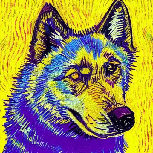 Image similar to retarded wolf portrait, van gogh style, vivid colors, yellow, purple