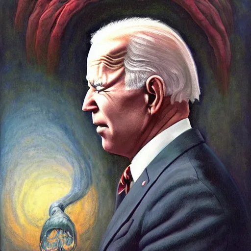 Image similar to terrifying, surreal portrait of joe biden by j. c. leyendecker, bosch, william blake, stephen gammell, jon mcnaughton, and beksinski