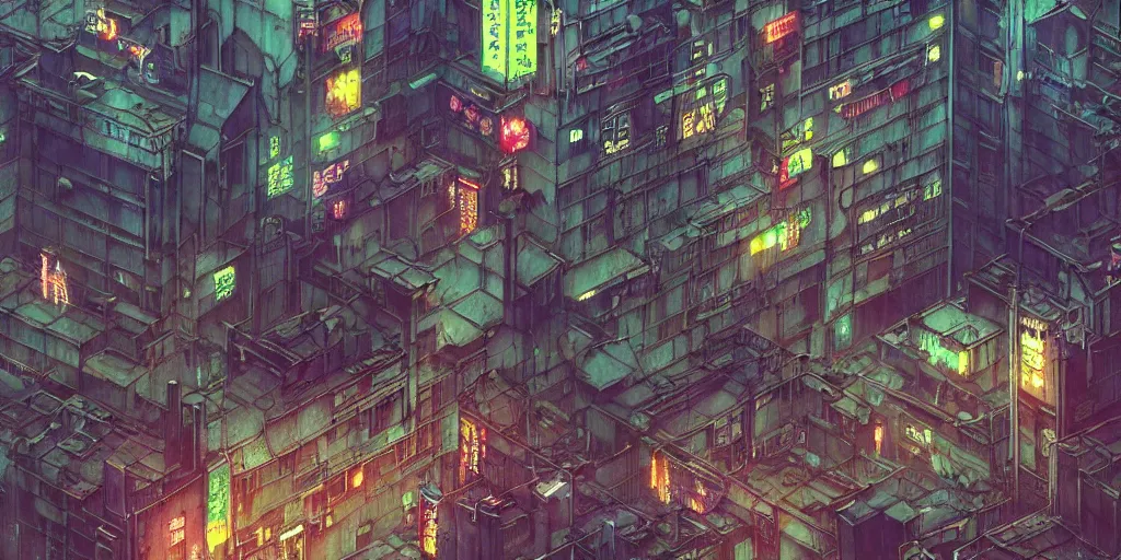 Image similar to twilight lighting, moody, atmospheric, solarpunk, cyberpunk, a render of kowloon walled city, rainy, in the art style of neon genesis : evangelion, 8 0 s anime style, by ghibli studio and victor ngai, ghost in the shell art style, akira artstyle, pixar highly detailed, 8 k h 5 7 6