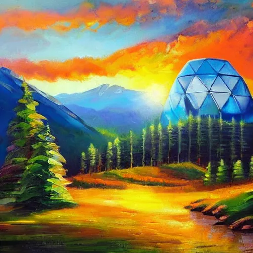 Prompt: several dreamy geodesic domes in a beautiful alpine environment at sunset, expressive oil painting