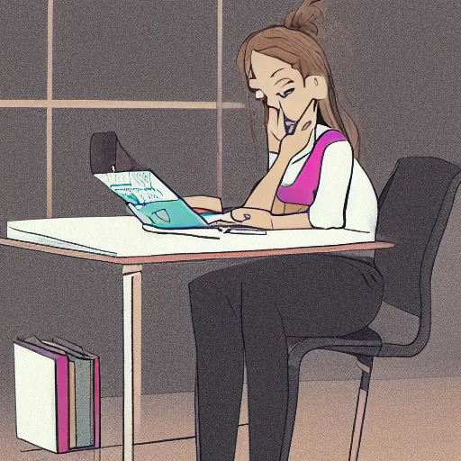 Prompt: digital art of a girl sitting at a desk in her dorm room studying, trending on artstation