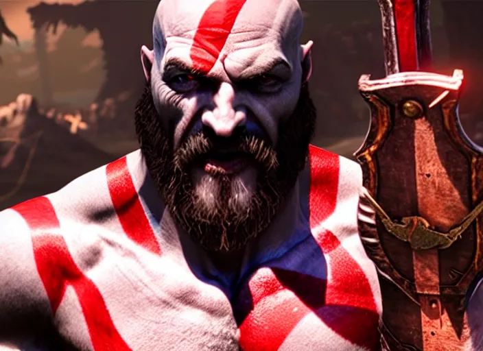 Prompt: in game screenshot of kratos victoriously holding up a!!! computer mouse!!! in the new god of war video game, 4 k