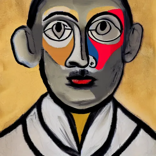 Prompt: front view photographic portrait of javier bordem, as picasso, cinematic