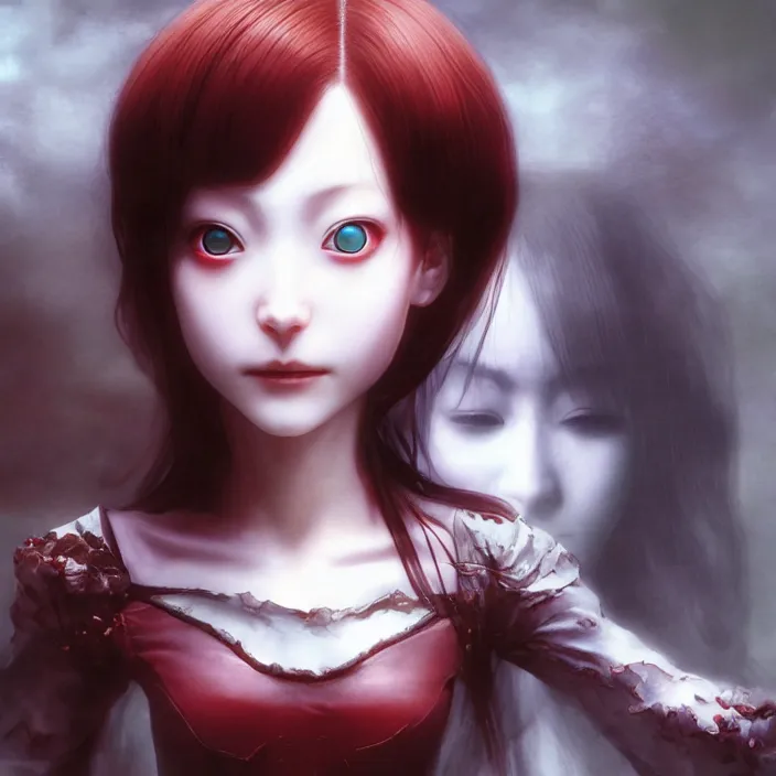 Image similar to renaissance portrait of the secretive vampire girl loner smiling at her next victim, by katsuhiro otomo, yoshitaka amano, nico tanigawa, and artgerm rendered with 3 d effect.